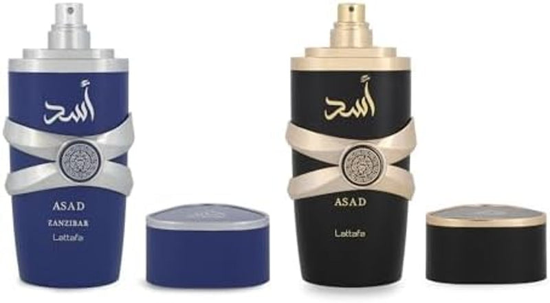 Lattafa Asad Edición del 5º Aniversario – Picante, Amadeirado, Ámbar, Dulce – Set de Regalo de 2 Piezas de Eau de Parfum para Hombre (Asad + Asad Zanzibar, 2 × 100 ml / 3.4 Onzas Spray)