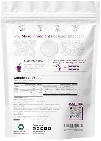Micro Ingredients Multi Collagen Peptides Powder, 2lb (82 Servings) | Hydrolyzed Type I, II, III, V, X with Biotin, Hyaluronic Acid & Vitamin C. Unflavored Collagen for Women & Men, Easy Dissolve