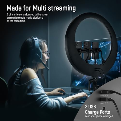 NEEWER 19 inch Ring Light with Stand, 3 Phone Holders and Mini Ball Head, Upgraded 2.4G & Touch Control, Smooth Dimming at 1%, 3200K-5600K for Selfie TikTok Live Streaming Video Recording Zoom, RP19H