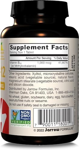 Jarrow Formulas Methyl Vitamin B-12 1000 mcg, 100 Chewable Tablets, Lemon Flavored- Vitamin B12 - Supports Cellular Energy Production, Brain Health & Metabolism - 100 Servings (Pack of 2)