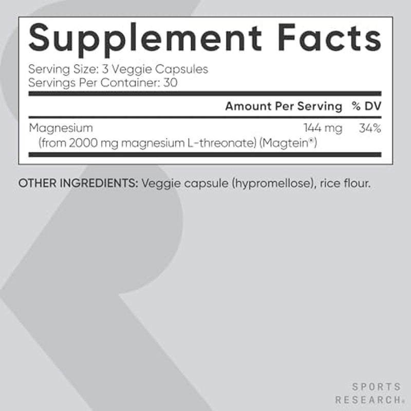 Sports Research® Cápsulas de L-treonato de magnesio de 2000 mg - Magtein® de alta absorción para mejorar la salud cerebral, la memoria, la concentración y el apoyo del sueño reparador - Vegano · Sin