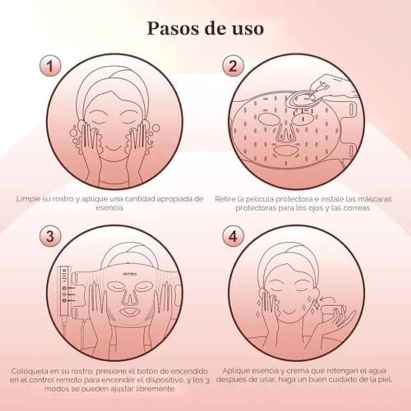 INTEO Terapia de Luz Roja para el Rostro, Máscara Facial LED Portátil de Terapia de Luz de 3 Modos con Control Remoto, Máscara de Luz Roja Infrarroja Cercana 850 con Función de Temporizador, Terapia
