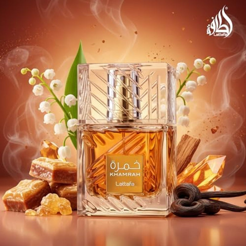 Lattafa Khamrah - Vainilla, picante cálido, ámbar, canela - Perfume Eau de Parfum de larga duración para unisex, 3.40 onzas / 100 ml