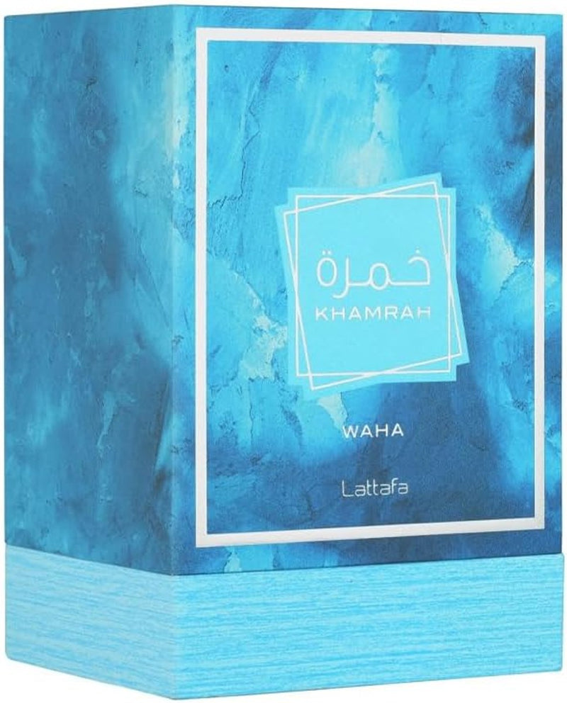 Lattafa Khamrah Waha EDP Unisex 100 ml ✅ Perfume unisex fresco y dulce. Combina cítricos (bergamota y yuzu), jengibre, notas marinas y pepino, con una base cálida de vainilla, haba tonka y almizcle.