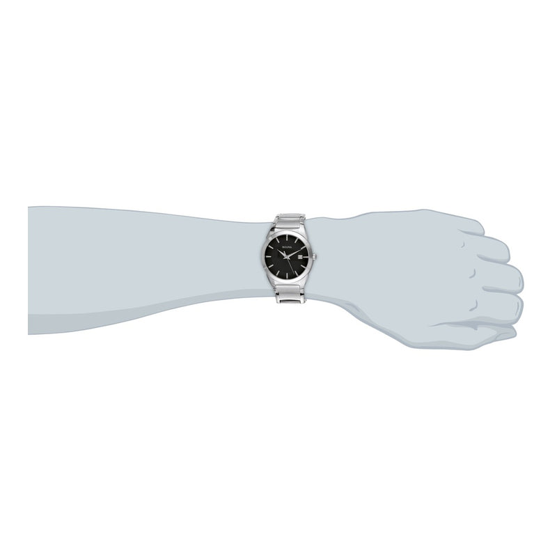 Reloj Bulova de cuarzo para hombre con esfera negra estampada y pulsera plateada de acero inoxidable