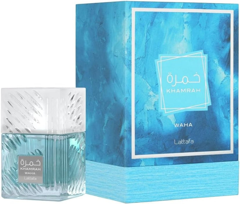 Lattafa Khamrah Waha EDP Unisex 100 ml ✅ Perfume unisex fresco y dulce. Combina cítricos (bergamota y yuzu), jengibre, notas marinas y pepino, con una base cálida de vainilla, haba tonka y almizcle.