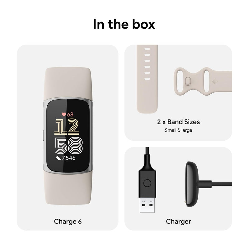 Fitbit Charge 6 - Rastreador de ejercicios con frecuencia cardíaca, GPS, membresía premium, herramientas de salud, porcelana/plata