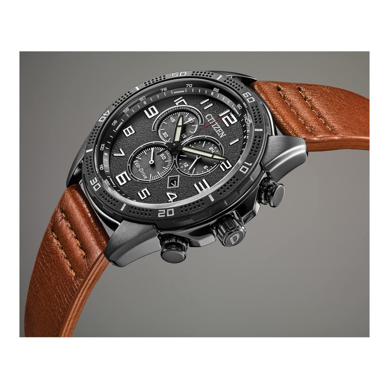 Reloj cronógrafo Citizen Eco-Drive para hombre, acero inoxidable IP negro, correa de cuero marrón, esfera negra
