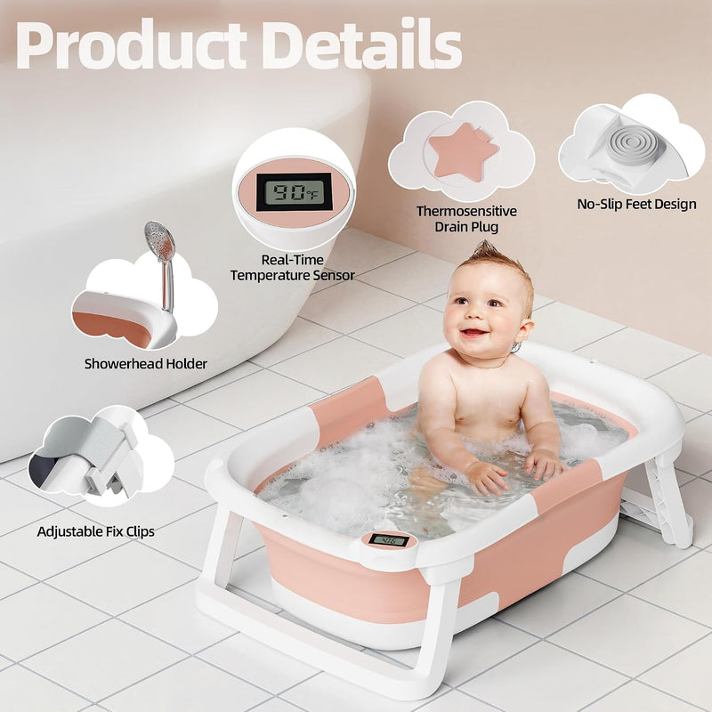 iBabyMax Bañera Plegable para Bebé con Termómetro 0 a 36 Meses Rosada