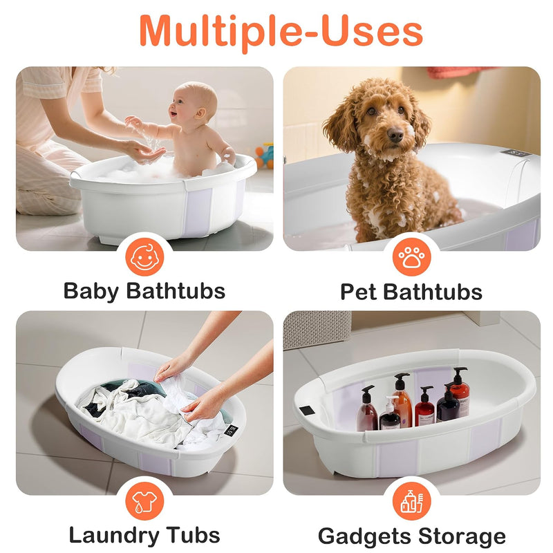 Spluvvly Bañera Plegable Grande para Bebé con Termómetro y Cojín Lila