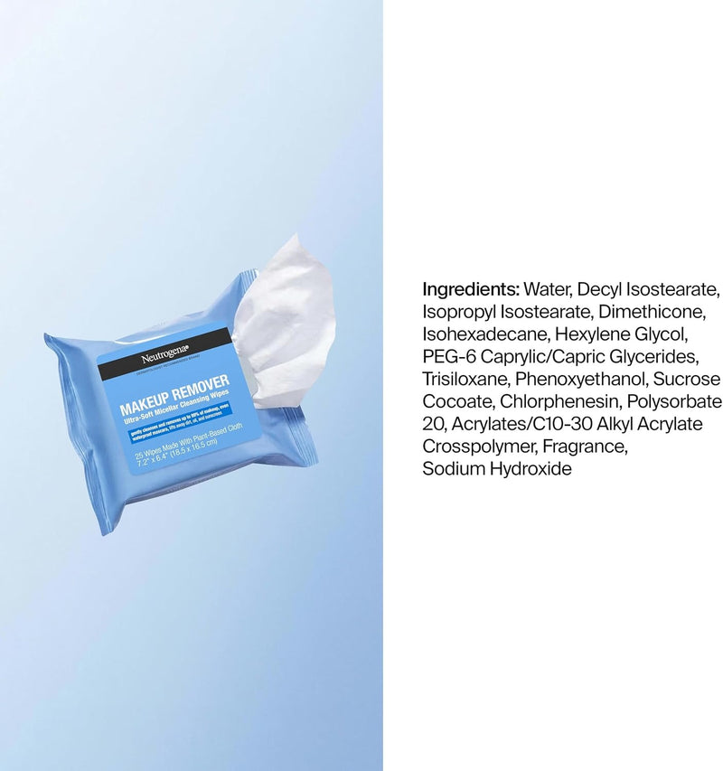 Neutrogena Toallitas para quitar maquillaje micelares sin alcohol para el rostro, eliminan la máscara impermeable y el aceite, toallitas de tela 100% compostable a base de plantas
