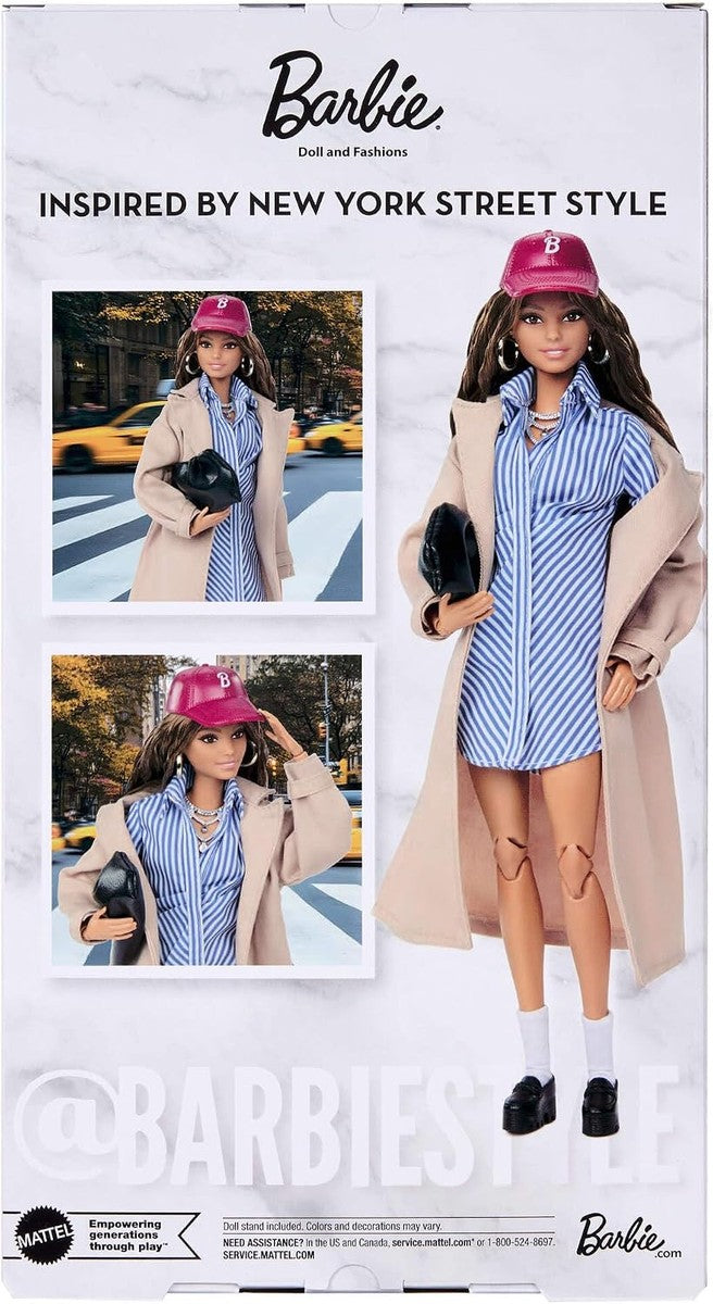 Barbie Signature Collectible @Barbiestyle Fashion Doll, Fashion Week Doll New York Street Style Clothes with Blue Dress, Brown Coat and Accessories