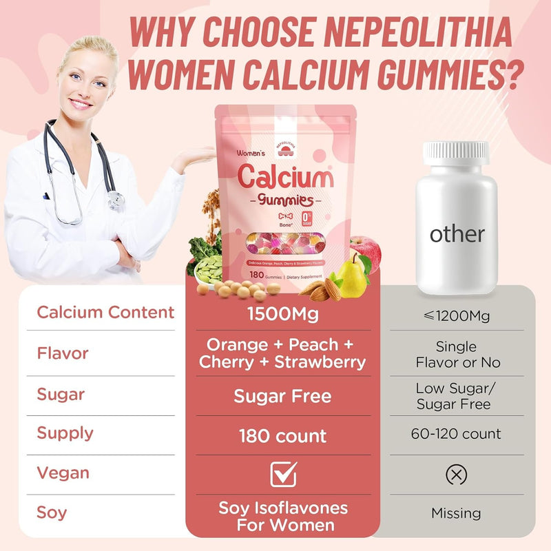 Nepeolithia Gomitas de calcio para mujer, 1500 mg de citrato de calcio con vitamina D3, K2, magnesio, zinc, boro y isoflavonas de soja, suplemento de calcio, vegano, cero azúcar, sabores mixtos de fru