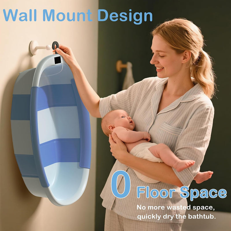 Spluvvly Bañera Plegable Grande para Bebé con Termómetro y Cojín Azul