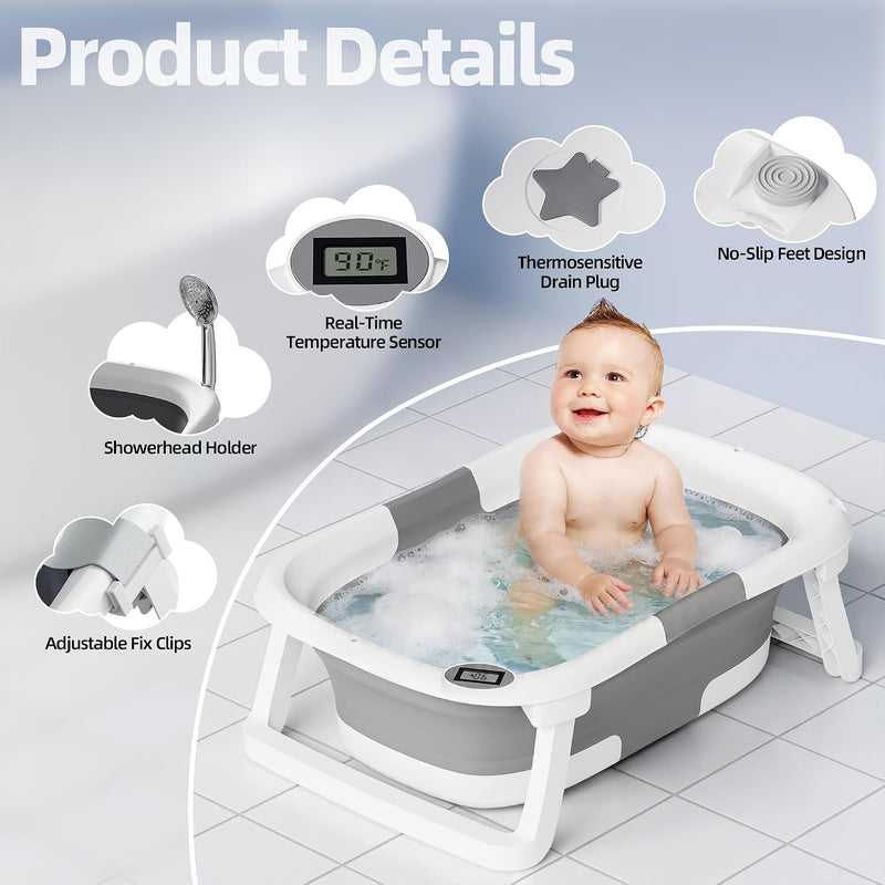 iBabyMax Bañera Plegable para Bebé con Termómetro 0 a 36 Meses Gris