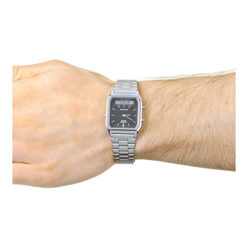 Casio Reloj Unisex AQ-230A de Acero Para Adultos, Pantalla Analógico-Digital, Resistente al Agua, Temporizador