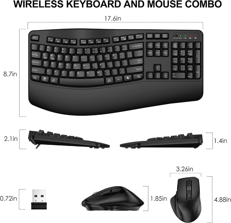 ULSOU Wireless Keyboard and Mouse Combo, 2.4G Ergonomic Wave Keys(Black)