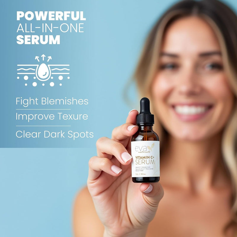 Eva Naturals Suero de vitamina C Plus, 2 % retinol, 3,5 % niacinamida, 5 % ácido hialurónico, 2 % ácido salicílico, 10 % MSM, 20 % vitamina C, suero para limpieza de piel, reparador de piel antienveje