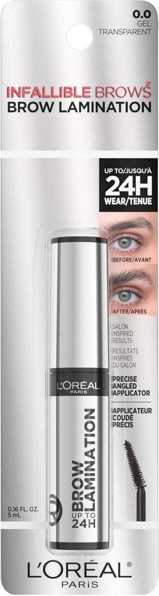 L'Oreal Paris Infallible Up To 24H Wear Brow Lamination, Water-Resistant Longwear Eyebrow Gel Make Up, Clear/Transparent, 0.16 Fl Oz