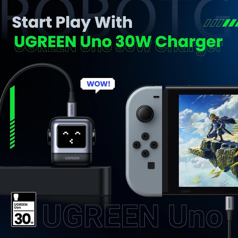 UGREEN Uno 30W USB C Charger, Compact Robot GaN Fast Charging Block, Black