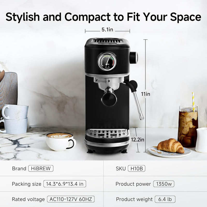 HIBREW H10B Programmable Espresso Machine with LED Display & Pressure Gauge