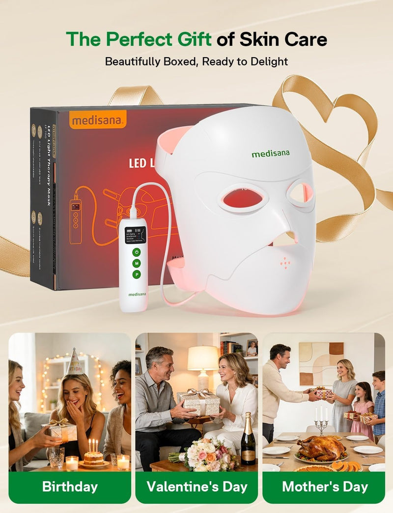 Medisana - Terapia de luz roja 3D para cara, 336 LED con 3 modos, NIR 830 nm, rojo 630 nm, azul 415 nm, diseño ergonómico de silicona 3D, máscara facial LED inalámbrica y recargable, regalos para el c