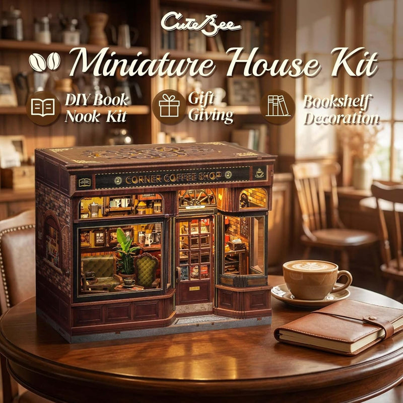 CUTEBEE Book Nook Kit, DIY Miniature House Coffee Shop Dollhouse