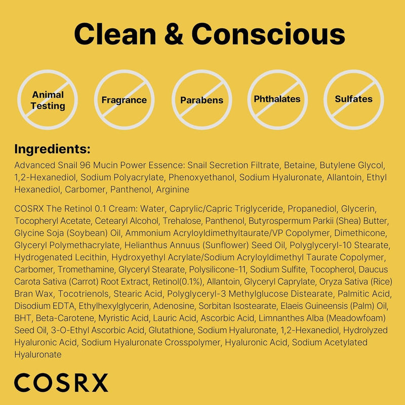 COSRX Snail 96% Mucin Power Essence 2ea y Retinol 0.1% Cream Mini Sample 1ea, juego de inicio de piel de vidrio, exclusivo de Amazon, kit de cuidado de la piel coreano hidratante y reafirmante diario,