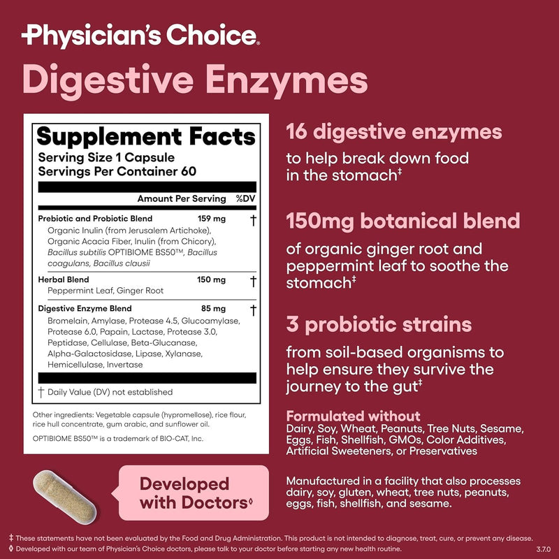 Physician's CHOICE Paquete avanzado de salud intestinal: 60 mil millones de probióticos 30 unidades + enzimas digestivas 60 unidades para la salud digestiva, intestinal e inmunológica que apoya el est