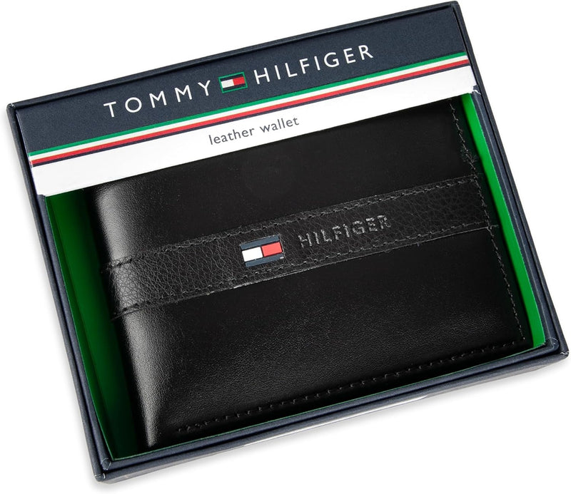 Tommy Hilfiger Men's Leather Wallet – Slim Bifold with 6 Credit Card Pockets and Removable ID Window, Casual Black Ranger, One Size