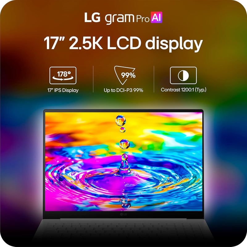 LG gram Pro 17-inch Thin and Lightweight Dual AI Touchscreen Laptop Computer, Copilot+ PC, Intel Core Ultra 7 355 Processor, Windows 11 Home, 32GB RAM, 1TB SSD - Obsidian Black