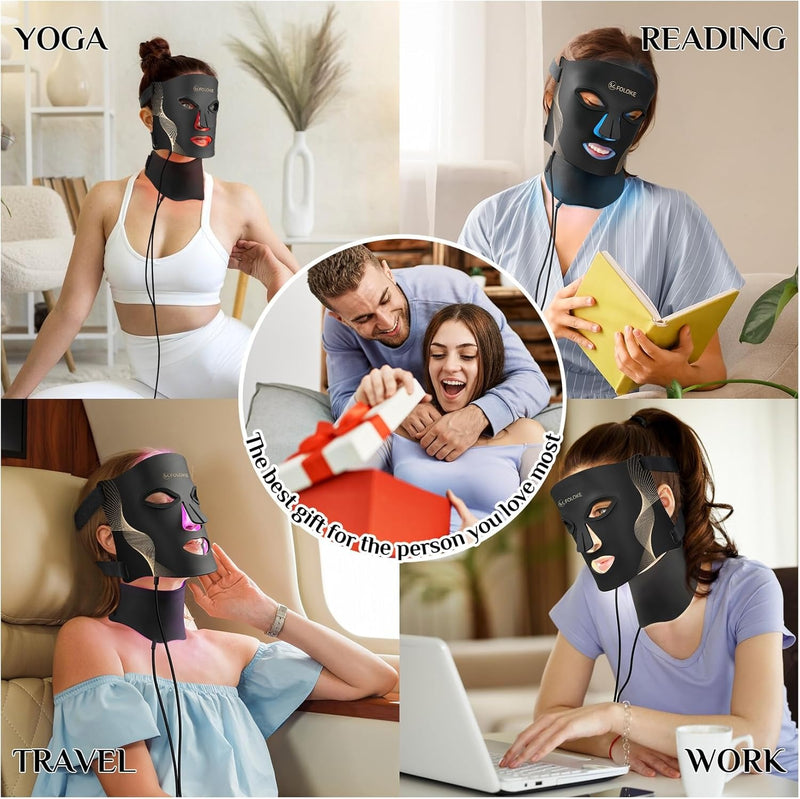 FOLOKE Terapia de luz roja para cara, máscara de terapia de luz LED, máscara y cuello, terapia de luz LED roja y NIR, longitud de onda para uso doméstico, trabajo, viajes, yoga, sueño
