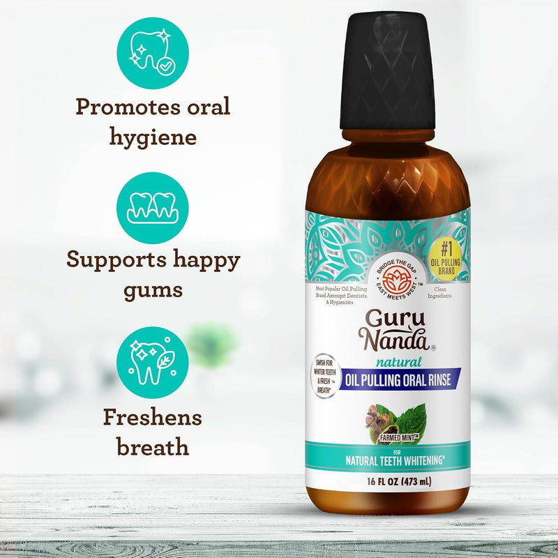 GuruNanda Extracto de aceite de coco, enjuague bucal blanqueador y aliento fresco, 7 aceites esenciales y vitaminas para dientes y encías felices, sin alcohol, 16 onzas