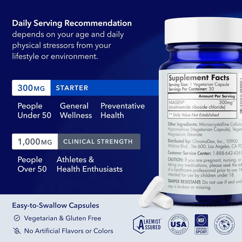 TRU NIAGEN Suplemento NAD patentado para la función cerebral, antienvejecimiento y regeneración celular, 300 mg de niagen, 30 porciones