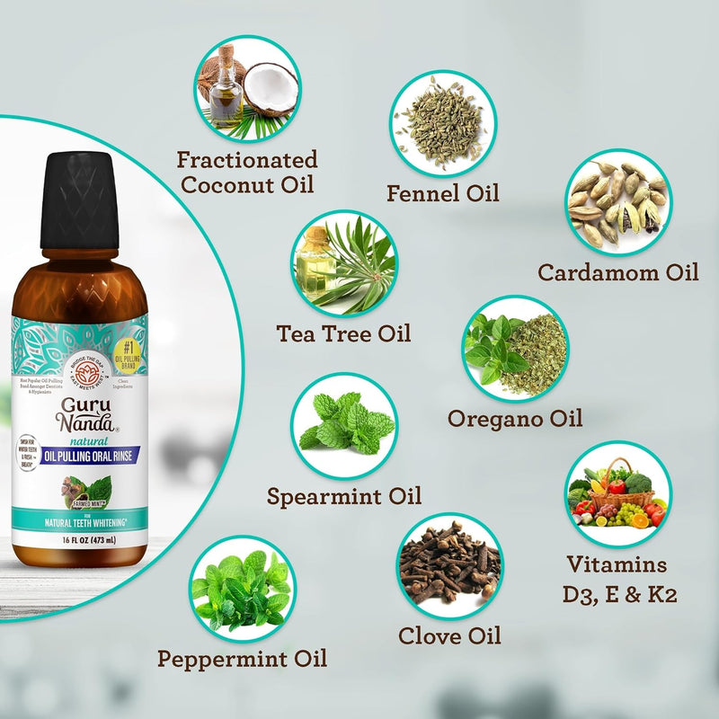 GuruNanda Extracto de aceite de coco, enjuague bucal blanqueador y aliento fresco, 7 aceites esenciales y vitaminas para dientes y encías felices, sin alcohol, 16 onzas