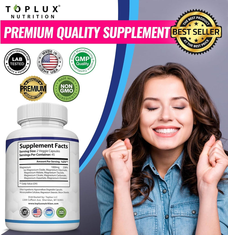 Toplux Complejo de magnesio Suplemento 8 Elemental 1000mg - Glicinato de magnesio, citrato, malato, taurato, quelado para una fácil absorción para huesos, músculos, recuperación, energía, vegano sin O