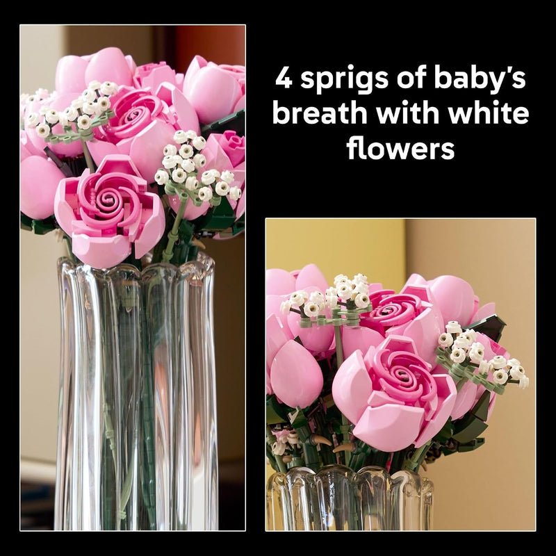 LEGO Botanicals Bouquet of Pink Roses Artificial Flowers - Building Blocks for Adults, Ages 18+ - Gifts for Birthdays for Her - Flowers for Home Office, Shelf or Room Decor - 10374