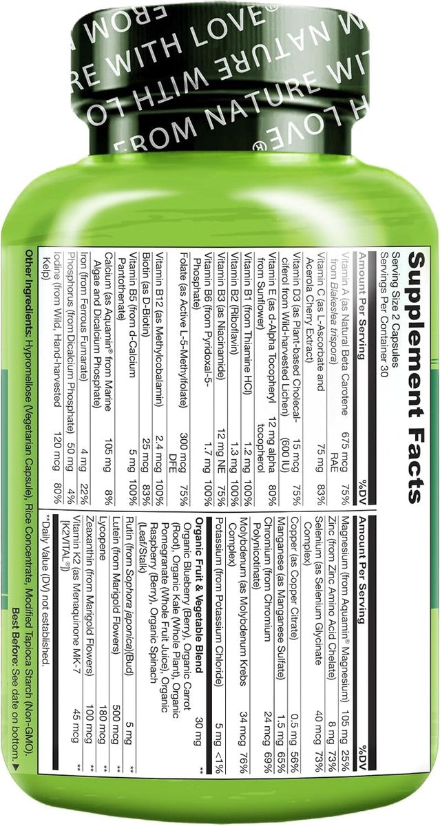NATURELO NATURELO Multivitaminas para Adolescentes Niñas/Niños, 60 Cápsulas, Multivitamínico de Alimentos Integrales con Minerales, Sin OMG, Vegetariano