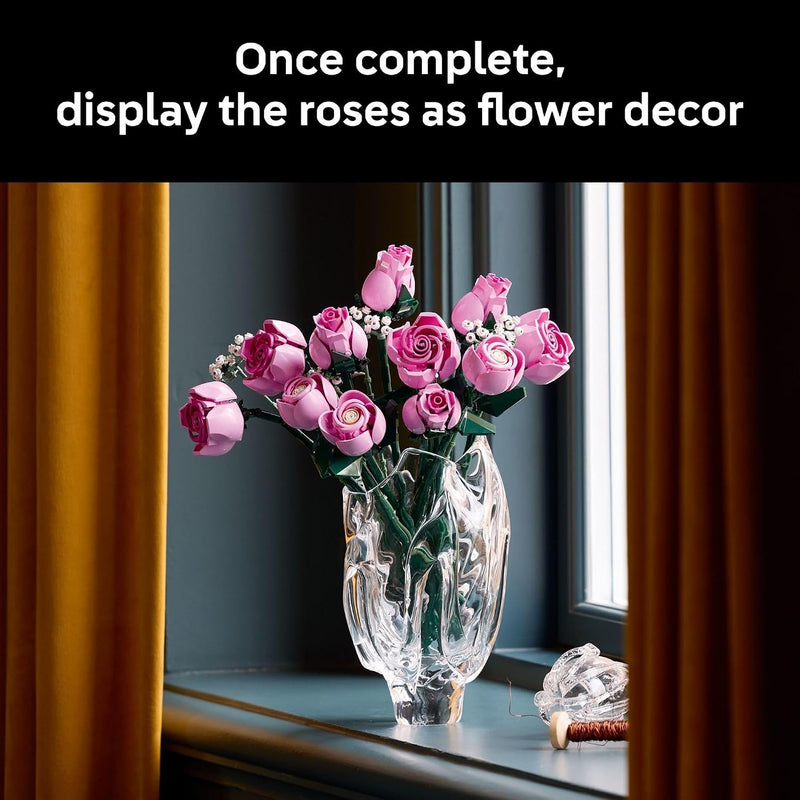 LEGO Botanicals Bouquet of Pink Roses Artificial Flowers - Building Blocks for Adults, Ages 18+ - Gifts for Birthdays for Her - Flowers for Home Office, Shelf or Room Decor - 10374