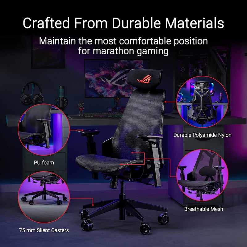 ASUS ROG Destrier Core Ergo Gaming Chair, Futuristic Cyborg Aesthetic, Versatile Seat Adjustments, Mobile Gaming Arm Support Mode, Acoustic Panel