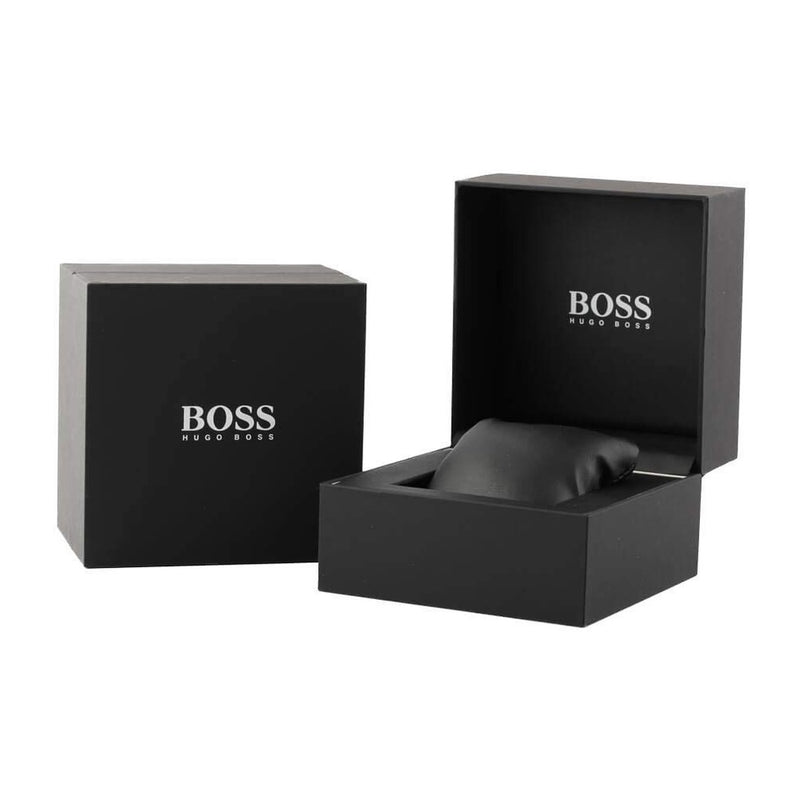Reloj BOSS para hombre con esfera negra, movimiento de cuarzo y correa de acero inoxidable en color plateado