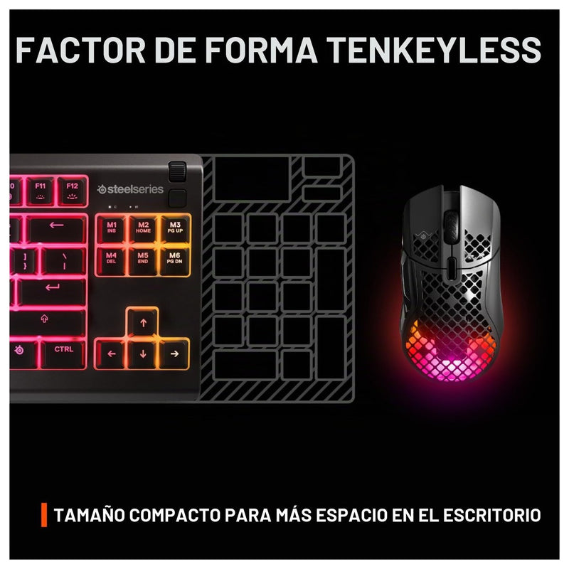 SteelSeries Apex 3 TKL RGB, teclado para juegos; compacto, iluminación RGB, resistente al agua y polvo, silencioso