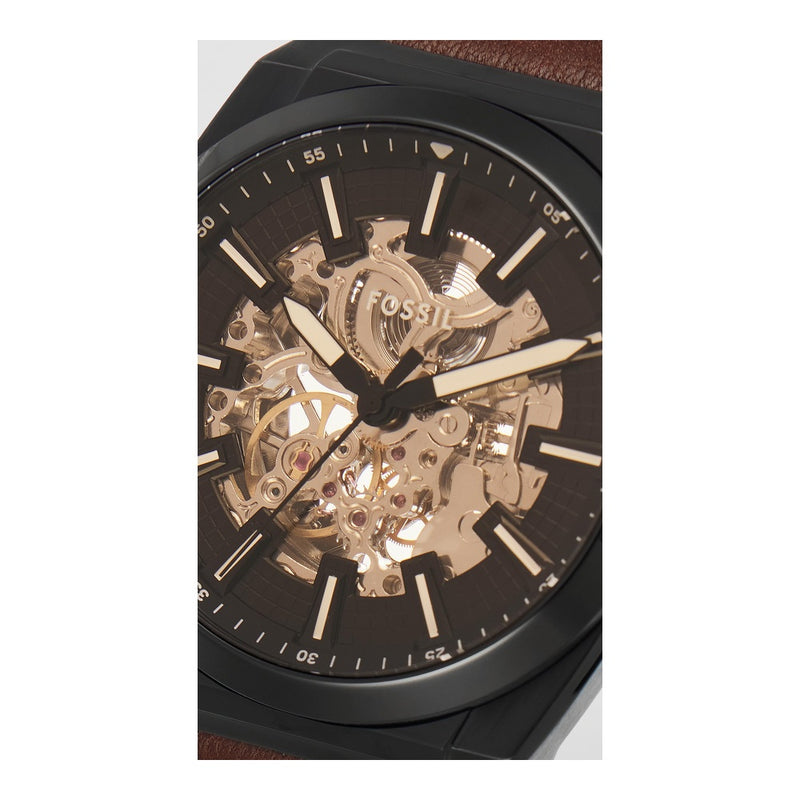 Reloj de Pulsera Automático Fossil Everett en Acero Inoxidable con Correa de Cuero, Esfera Negra y Resistente al Agua