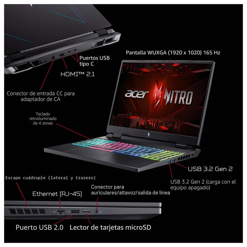 Acer Nitro 16 Laptop Gamer Ryzen 7 7840HS RTX 4060 Pantalla IPS WUXGA 165Hz 16" 16GB DDR5 1TB SSD WiFi 6E