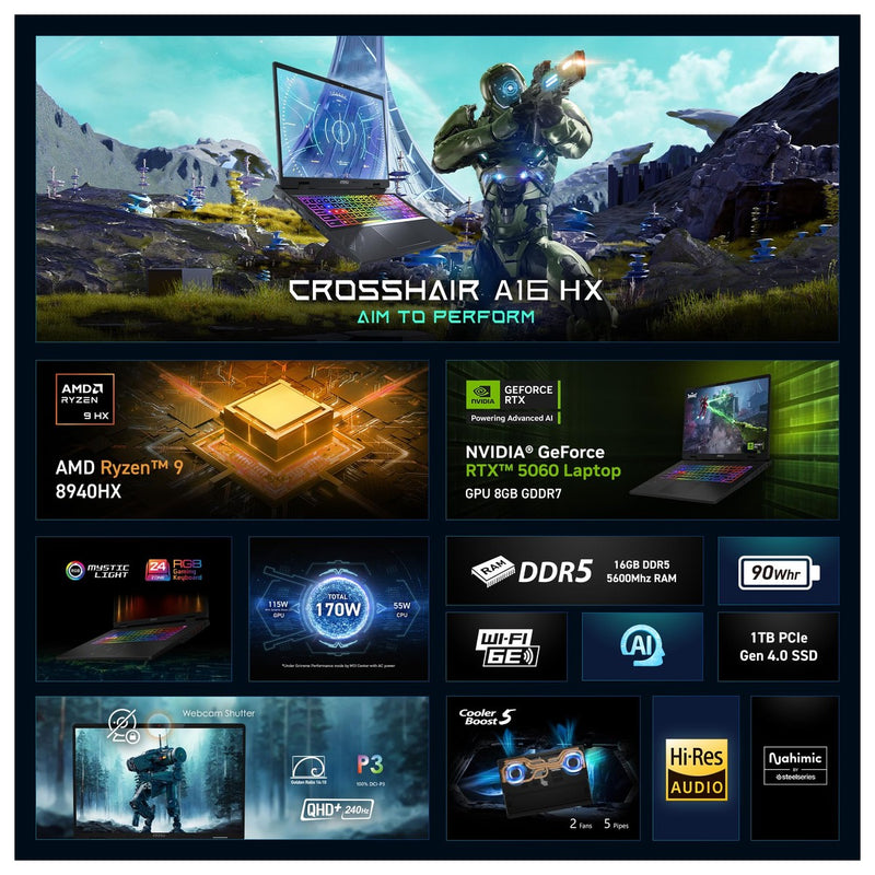 Laptop Gamer Msi Crosshair A16 Hx, Ryzen 9, Rtx 5060, 16gb Ddr5, 1tb Nvme Ssd, Pantalla Qhd+ 240hz, Windows 11
