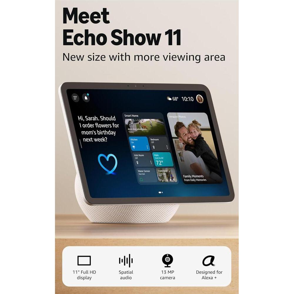 Amazon Echo Show 11 pantalla Full HD con más área de visualización y audio espacial, diseñado para Alexa, color blanco