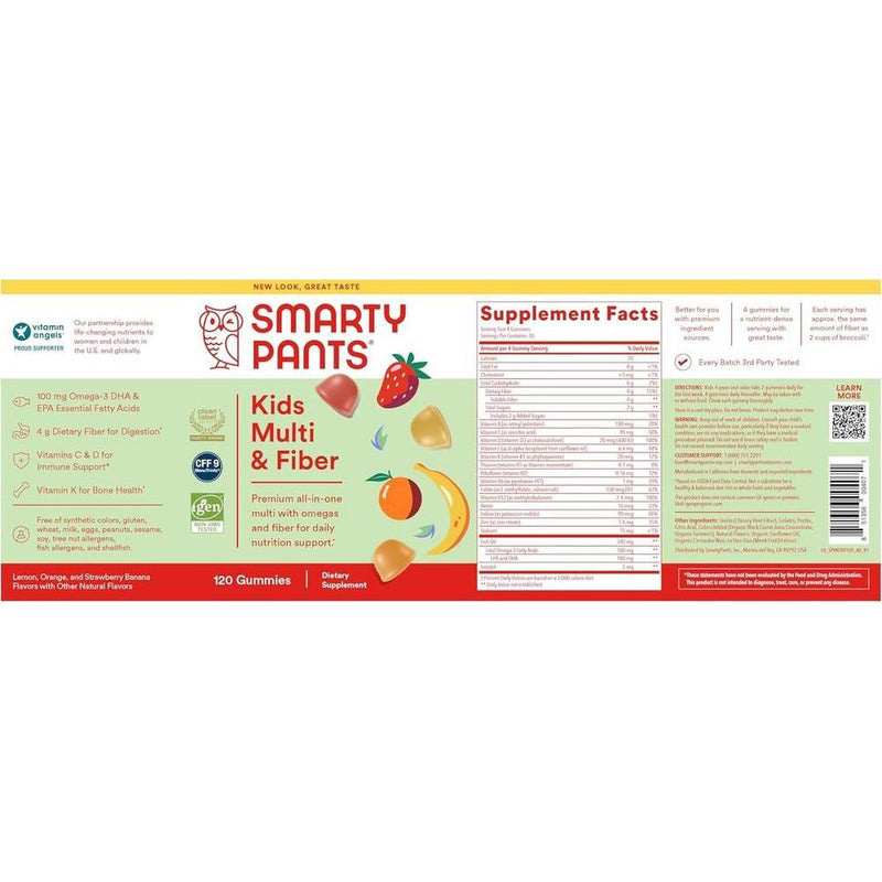 SmartyPants Gomitas multivitamínicas y de fibra para niños con vitaminas D3, C, B12, B6, A, zinc, biotina, tres sabores