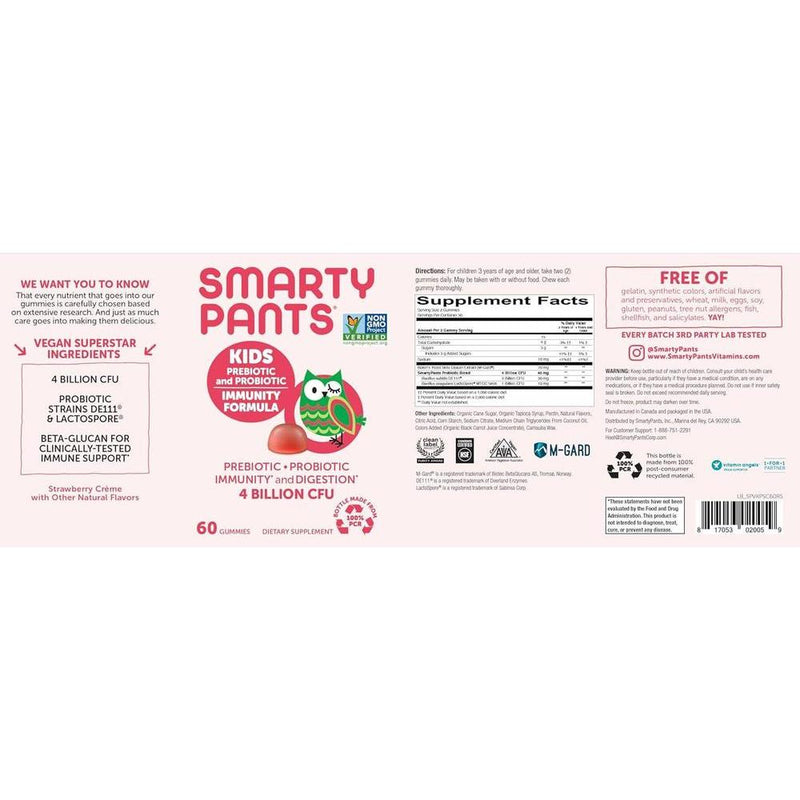 Gomitas SmartyPants Probiotic + Inmunidad para niños, apoya digestión y sistema inmune, sabor fresa, 60 piezas