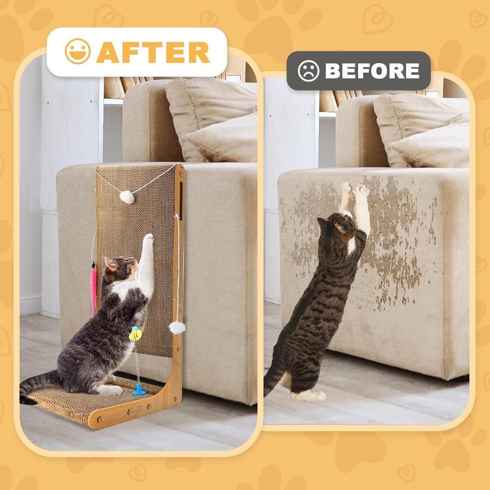 Rascador para Gatos en Forma de L con Campana, Bola de Piel y Hierba Gatera