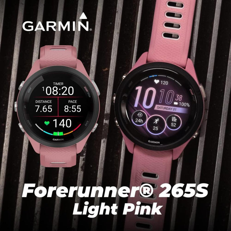 Wearable4U Garmin Forerunner 265S Music GPS Running Smartwatch en color rosa con pantalla táctil AMOLED y auriculares incluidos